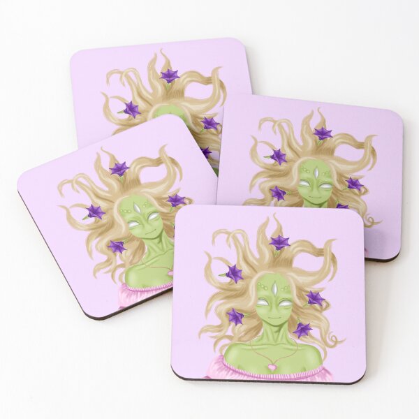 Item preview, Alien girl with flowers and devil trumpets in her hair, dressed in a beautiful pink dress designed and sold by katecheerycake.