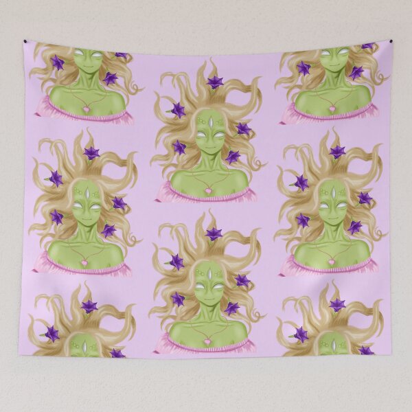 Item preview, Alien girl with flowers and devil trumpets in her hair, dressed in a beautiful pink dress designed and sold by katecheerycake.
