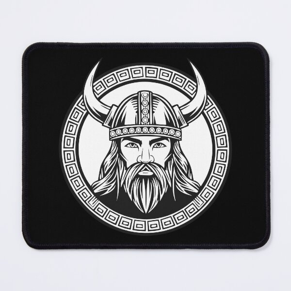 Item preview, Black and white portrait of a frowning angry Celtic warrior in a horned helmet, Viking or Gallic warrior, designed and sold by Danler.