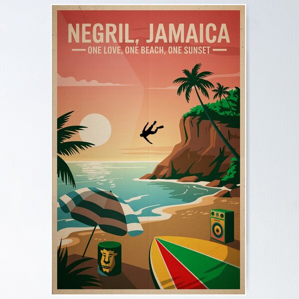 Item preview, Negril Jamaica Travel Poster – Retro Rasta Cliff Diving Print (1960s Style) designed and sold by EpochFusion.