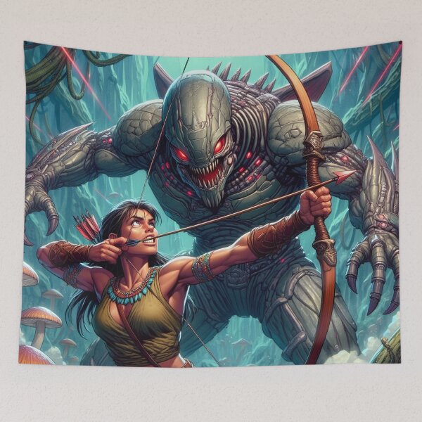 Item preview, Intergalactic alien Overlord Hunter Native American woman fantasy art graphic comic book illustration art designed and sold by Vintage Designs +.
