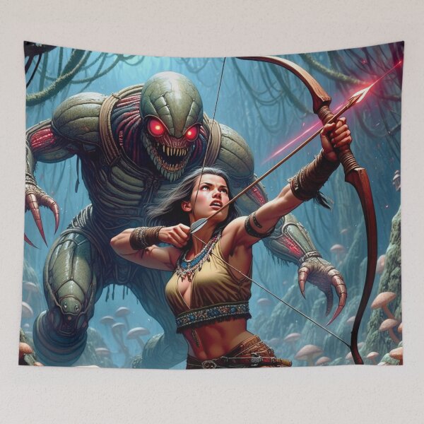 Item preview, Intergalactic alien Overlord Hunter Native American woman fantasy art graphic comic book illustration art designed and sold by Vintage Designs +.