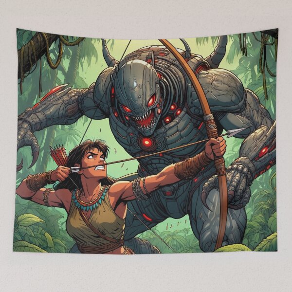Item preview, f Intergalactic alien Overlord Hunter Native American woman fantasy art graphic comic book illustration art designed and sold by Vintage Designs +.