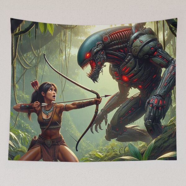 Item preview,  Intergalactic alien Overlord Hunter Native American woman fantasy art graphic comic book illustration art designed and sold by Vintage Designs +.