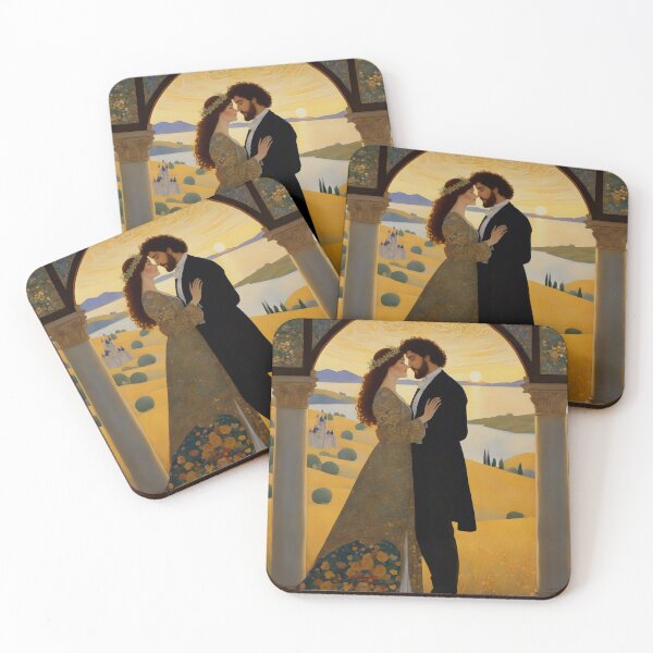Item preview, Romantic Fairytale Lovers Embrace at Sunset with Castle Landscape Art designed and sold by Sandy Richter.