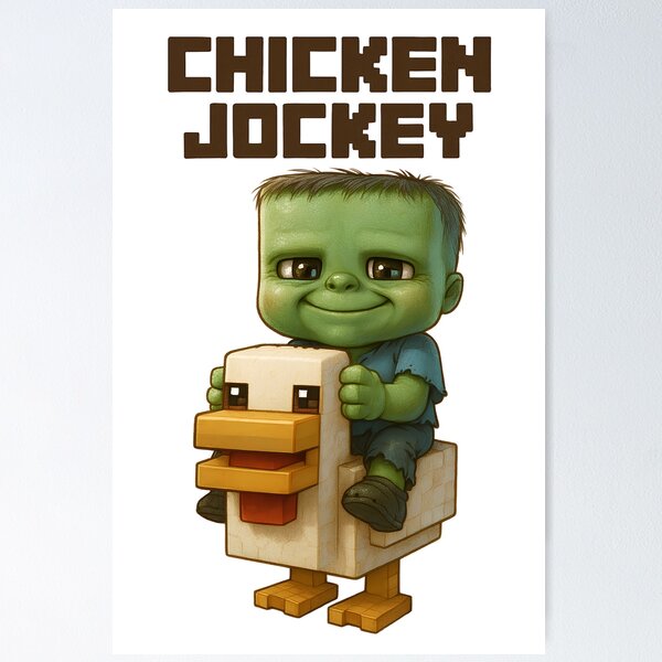 Artikel-Vorschau von Ein Minecraft-Film, süßes Chicken Jockey Design, Baby-Zombie, der auf einem Huhn reitet, designt und verkauft von Motifai.
