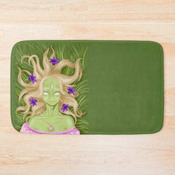 Item preview, Alien girl lying in the grass with flowers and devil trumpets in her hair, dressed in a beautiful pink dress designed and sold by katecheerycake.