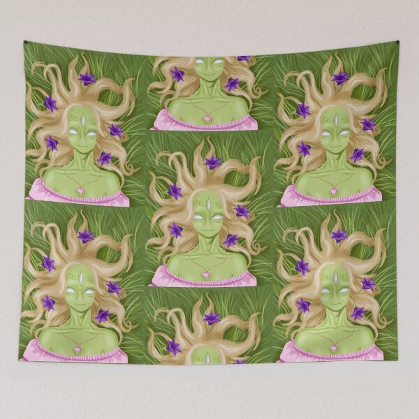 Item preview, Alien girl lying in the grass with flowers and devil trumpets in her hair, dressed in a beautiful pink dress designed and sold by katecheerycake.