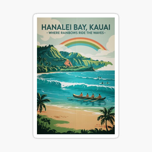 Artikel-Vorschau von Hanalei Bay Kauai Reiseposter – Retro hawaiianischer Surfdruck (Stil der 1960er Jahre), designt und verkauft von EpochFusion.