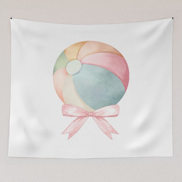 Item preview, Beach Ball with Pink Bow – Coquette Summer Watercolor Art designed and sold by DivinePassion.