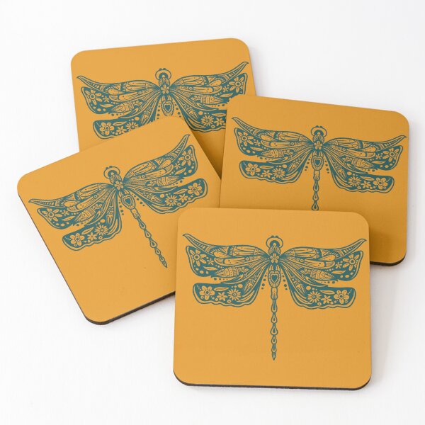 Item preview, Dark Green Floral Dragonfly Design on Mustard Yellow designed and sold by Giulia  Palazzo.