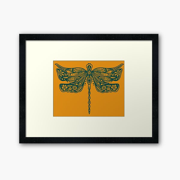 Item preview, Dark Green Floral Dragonfly Design on Mustard Yellow designed and sold by Giulia  Palazzo.