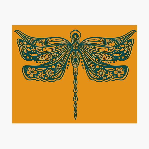 Item preview, Dark Green Floral Dragonfly Design on Mustard Yellow designed and sold by Giulia  Palazzo.