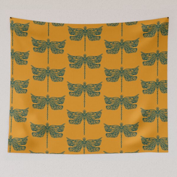 Item preview, Dark Green Floral Dragonfly Design on Mustard Yellow designed and sold by Giulia  Palazzo.