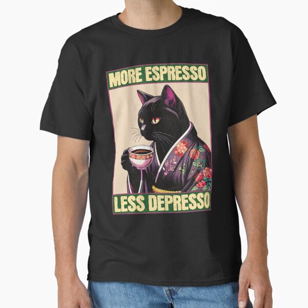 Aperçu de l'œuvre Plus d'espresso, moins de dépresso - Affiche vintage drôle de chat de café créée et vendue par InkyGenies.
