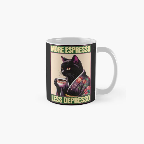Aperçu de l'œuvre Plus d'espresso, moins de dépresso - Affiche vintage drôle de chat de café créée et vendue par InkyGenies.