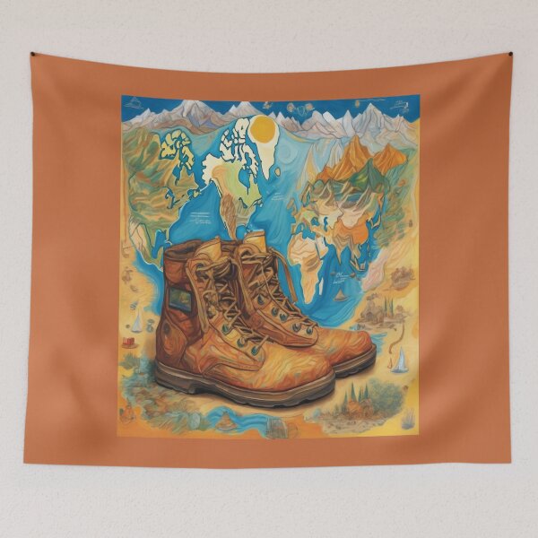 Item preview, "Wanderlust Journeys: Trekking Boots and World Map" designed and sold by Artisticanvas.