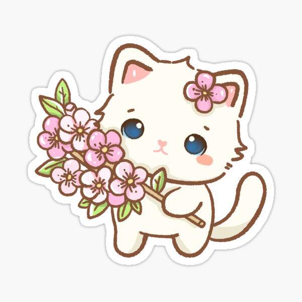 Item preview, Sakura Cherry Blossom Kawaii White Cat with Cherry Blossom Branch designed and sold by annascondaa.
