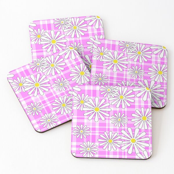 Item preview, White chamomile flowers on a pink checkered background designed and sold by fuzzyfox.