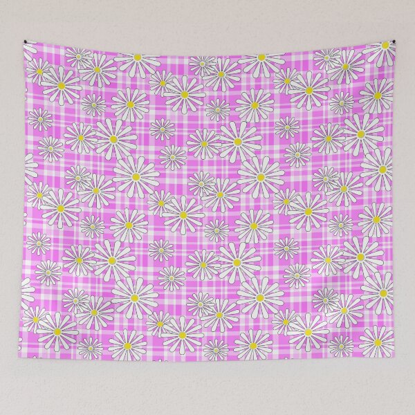 Item preview, White chamomile flowers on a pink checkered background designed and sold by fuzzyfox.