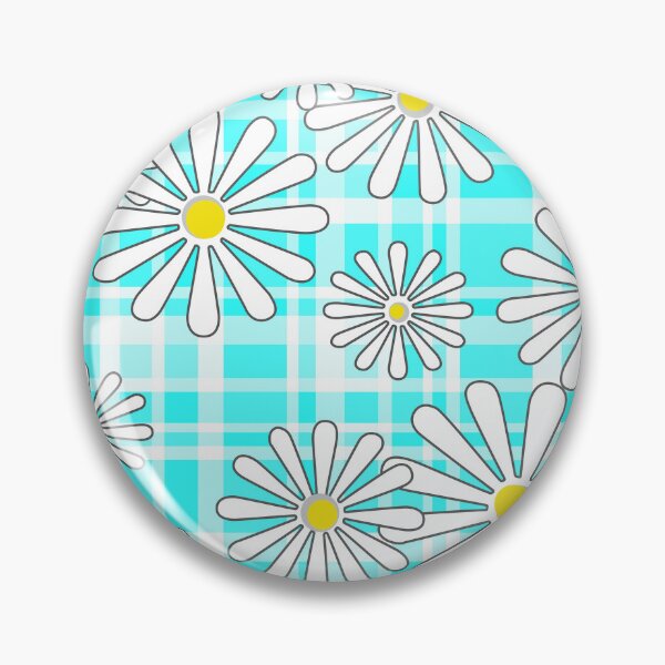 Item preview, White daisy flowers on turquoise neon checkered background designed and sold by fuzzyfox.