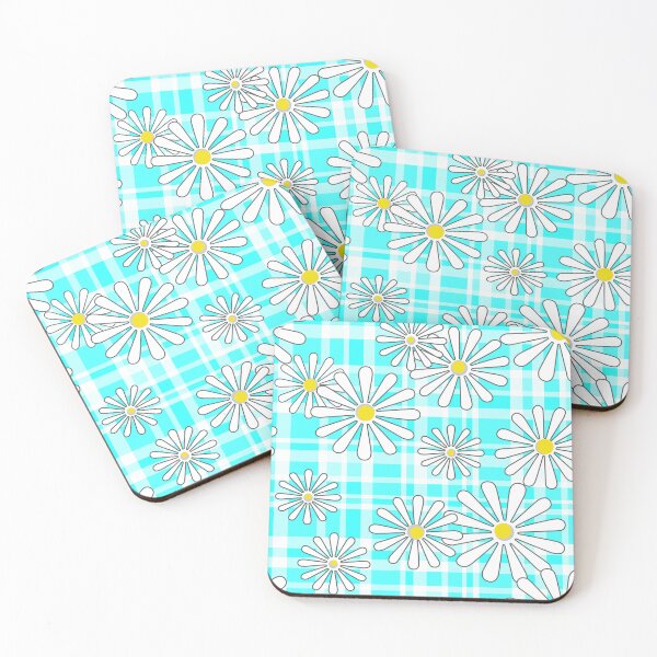 Item preview, White daisy flowers on turquoise neon checkered background designed and sold by fuzzyfox.