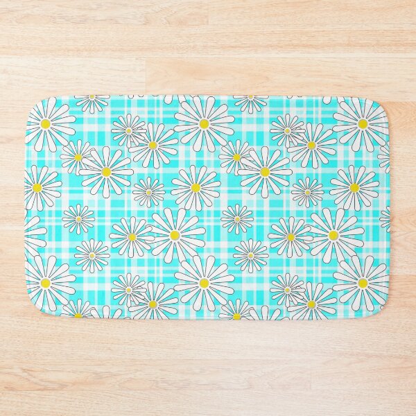 Item preview, White daisy flowers on turquoise neon checkered background designed and sold by fuzzyfox.