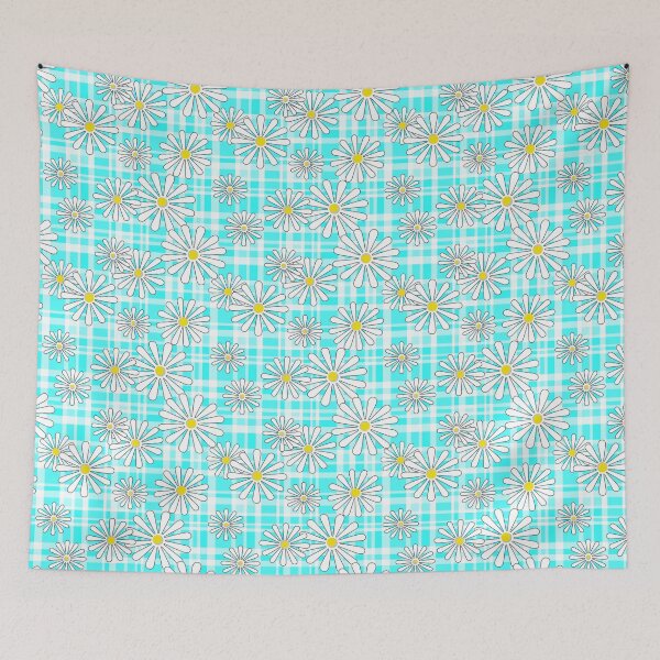 Item preview, White daisy flowers on turquoise neon checkered background designed and sold by fuzzyfox.