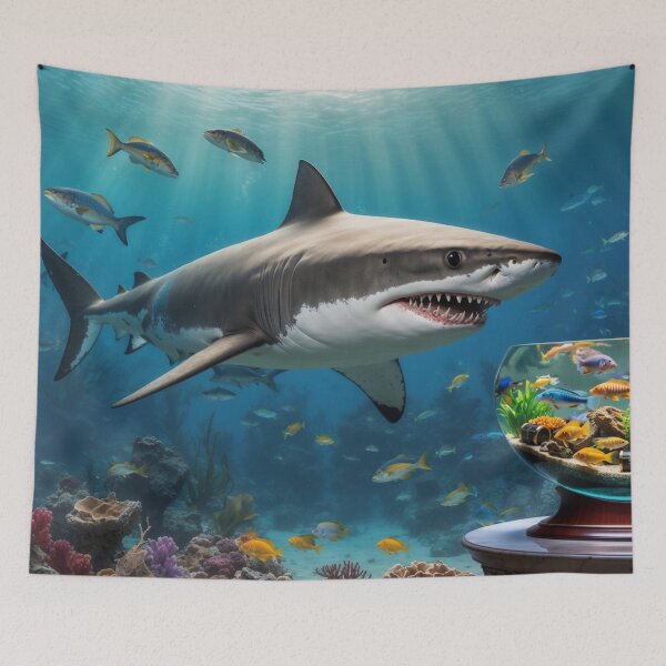 Item preview, Curious Shark Meets Colorful Aquarium – Surreal Ocean Encounter Art designed and sold by PunArtistry.