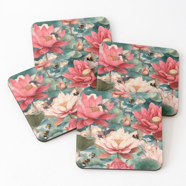 Item preview, Red Lotus Seamless Pattern with Birds – Udon Thani Inspired Thai Botanical Illustration designed and sold by ThaiArtShop.