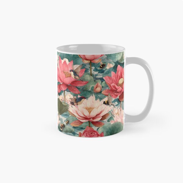 Item preview, Red Lotus Seamless Pattern with Birds – Udon Thani Inspired Thai Botanical Illustration designed and sold by ThaiArtShop.