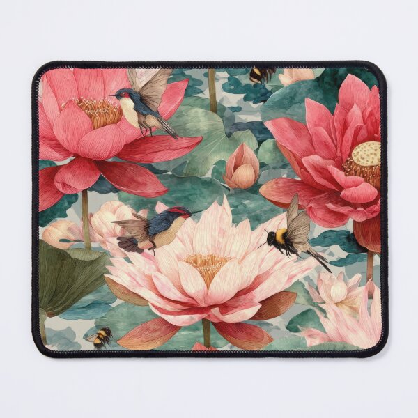 Item preview, Red Lotus Seamless Pattern with Birds – Udon Thani Inspired Thai Botanical Illustration designed and sold by ThaiArtShop.