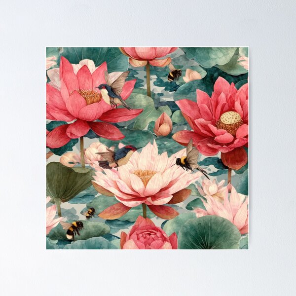 Item preview, Red Lotus Seamless Pattern with Birds – Udon Thani Inspired Thai Botanical Illustration designed and sold by ThaiArtShop.