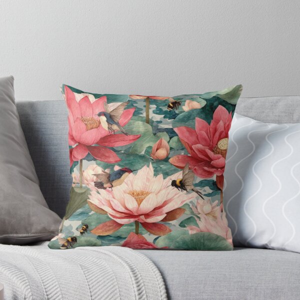 Item preview, Red Lotus Seamless Pattern with Birds – Udon Thani Inspired Thai Botanical Illustration designed and sold by ThaiArtShop.