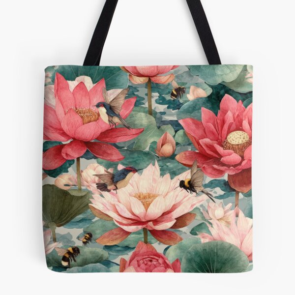 Item preview, Red Lotus Seamless Pattern with Birds – Udon Thani Inspired Thai Botanical Illustration designed and sold by ThaiArtShop.