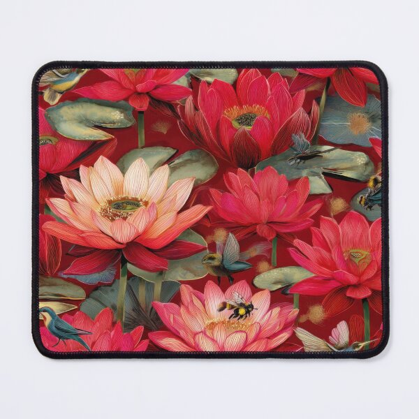 Item preview, Red Lotus Seamless Pattern with Birds – Udon Thani Inspired Thai Botanical Illustration designed and sold by ThaiArtShop.