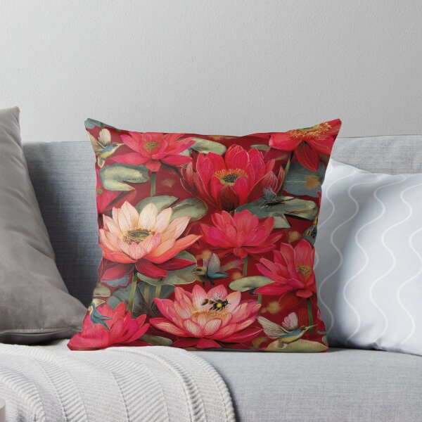 Item preview, Red Lotus Seamless Pattern with Birds – Udon Thani Inspired Thai Botanical Illustration designed and sold by ThaiArtShop.