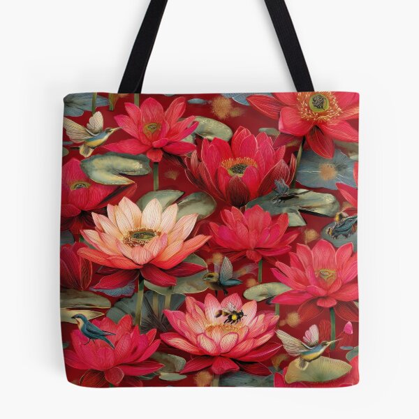 Item preview, Red Lotus Seamless Pattern with Birds – Udon Thani Inspired Thai Botanical Illustration designed and sold by ThaiArtShop.