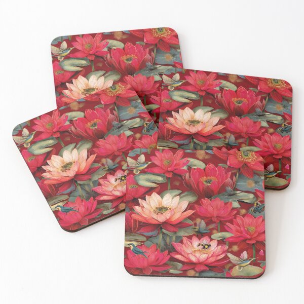 Item preview, Red Lotus Seamless Pattern with Birds – Udon Thani Inspired Thai Botanical Illustration designed and sold by ThaiArtShop.