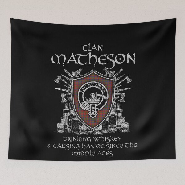 Item preview, Clan Matheson drinking whiskey and causing havoc heritage crest tartan plaid designed and sold by Clan1093.