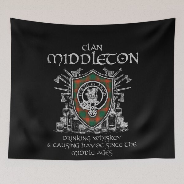 Item preview, Clan Middleton drinking whiskey and causing havoc heritage crest tartan plaid designed and sold by Clan1093.