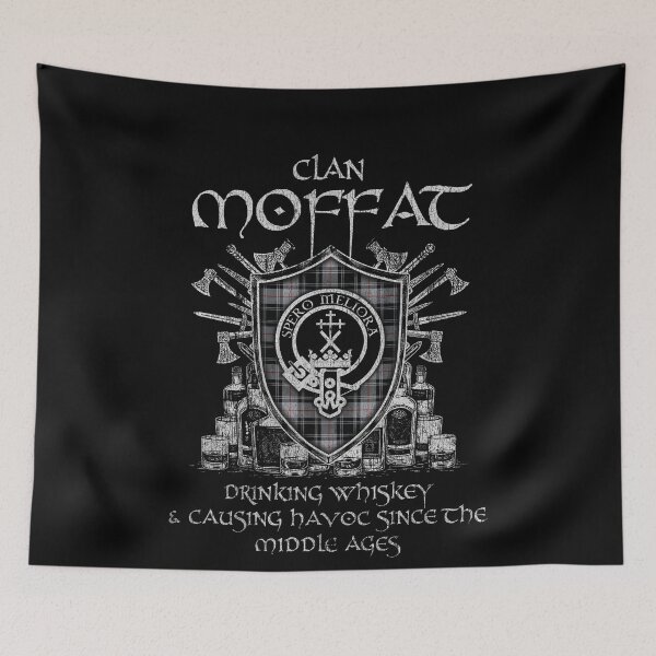 Item preview, Clan Moffat drinking whiskey and causing havoc heritage crest tartan plaid designed and sold by Clan1093.