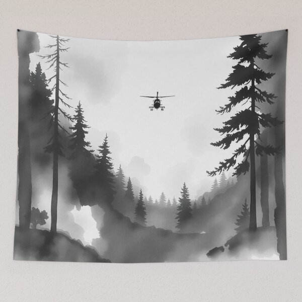 Item preview, Post-Apocalyptic Helicopter Scene – Misty Forest in Black & White designed and sold by apoknight.