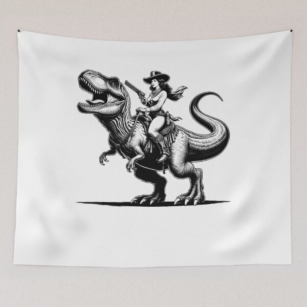 Item preview, Vintage Cowgirl Riding Dinosaur Weird Western Country designed and sold by Kimberley King Art  King Art.