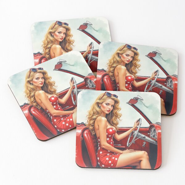 Item preview, Pin-Up Girl Driving Red Vintage Convertible in Polka Dot Dress designed and sold by Emilia-Design.