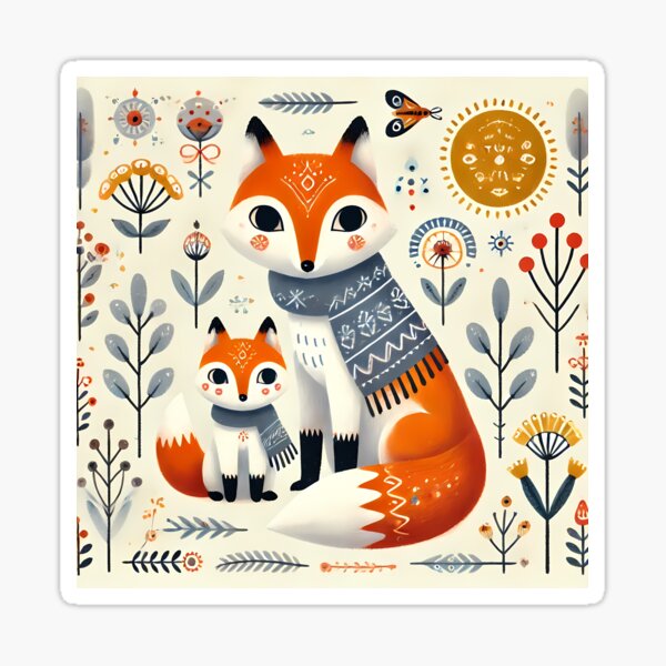 Item preview, Scandinavian Folk Art Foxes – Winter Warmth in a Floral Snowdrift by heidiannemorris designed and sold by FOLK ART FUSION by heidiannemorris.