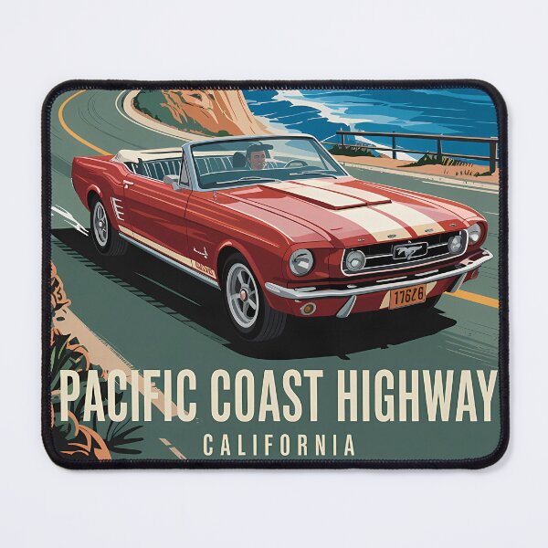 Item preview, Vintage Mustang Driving Pacific Coast Highway California – Retro Road Trip Poster Design designed and sold by Trend Pixel Co..