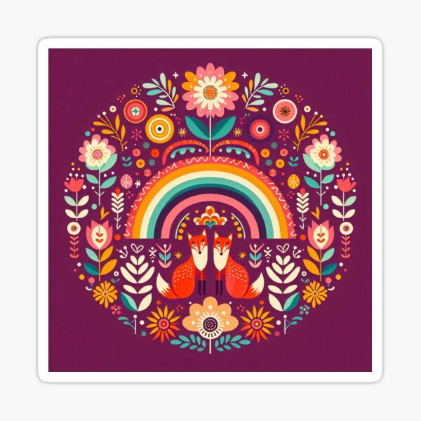 Item preview, Scandinavian Folk Art Foxes – Symmetrical Serenity Under a Floral Rainbow by heidiannemorris designed and sold by FOLK ART FUSION by heidiannemorris.