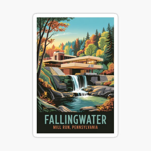 Item preview, Fallingwater Retro Poster – Frank Lloyd Wright Architecture in Autumn Forest	 designed and sold by Trend Pixel Co..