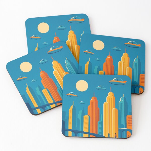 Item preview, Futuristic Cityscape with Flying Cars – Bold Minimal Retro Sci-Fi extra terrestrial Urban Scene designed and sold by Bored Duck.